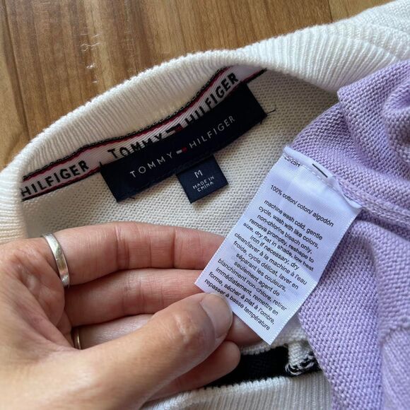 Tommy Hilfiger Color Block Knit Sweater White Black Lavender Preppy Size M - Picture 8 of 8